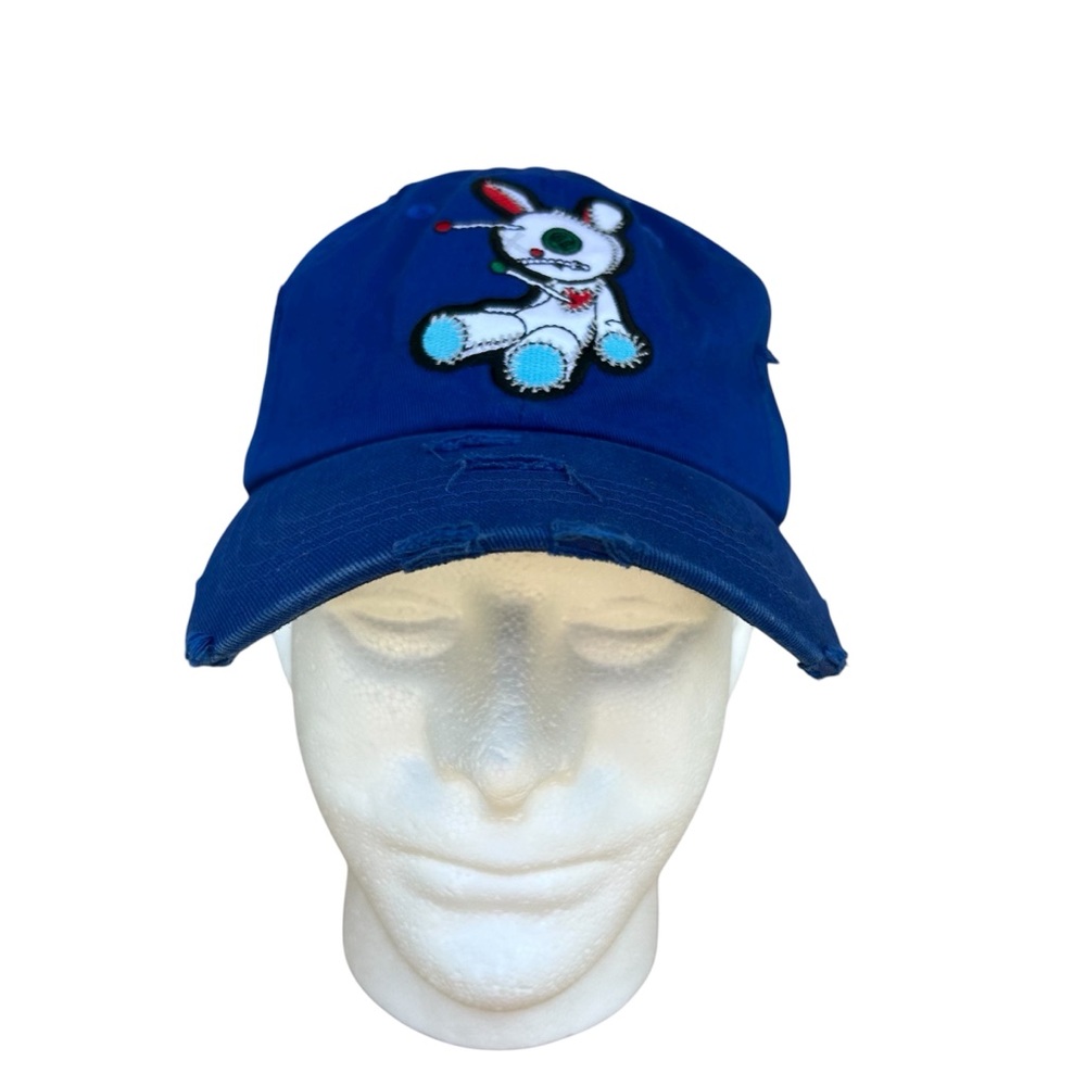 MU:KA Cotton Bunny Embroidery Distressed Vintage Blue Adjustable Baseball Cap